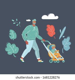 Dibujo vectorial de un hombre caminando en el parque con su hijo en el parque. Carácter humano sobre fondo oscuro.