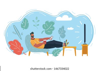 Vector Cartoon Illustration Of Man Watching Tv Or Streaming Movie Or Series. Film Or Show On Television Screen. Male Person On The Sofa, Holding The Remote Control For Switching Channel.