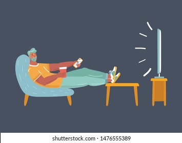 Vector cartoon illustration of man watching tv on dark background. Human character lay on sofa in the evening and look at the screen.