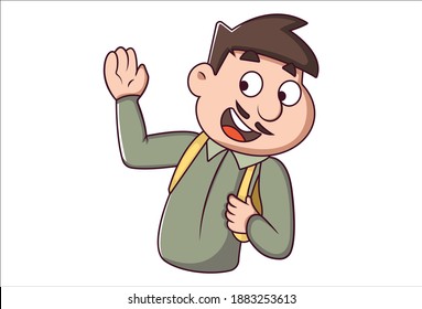 Vector cartoon illustration. Man is waving hand. Isolated on white background.