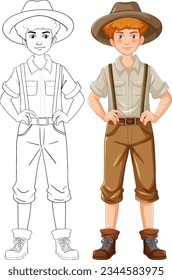 Vector cartoon illustration of a man wearing suspenders, ready to be colored