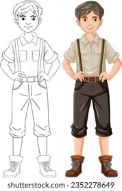 A vector cartoon illustration of a man wearing suspenders, ready to be colored