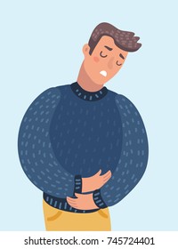 Vector Cartoon Illustration Of Man Who Has A Stomachache. Character On Isolated Background