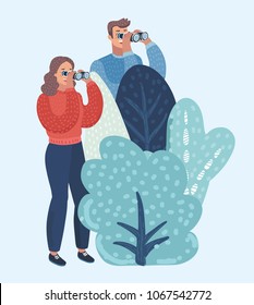 Vector cartoon illustration of man and woman watch ahead in through binoculars, ides behind bushes. Human characters on isolated white background.