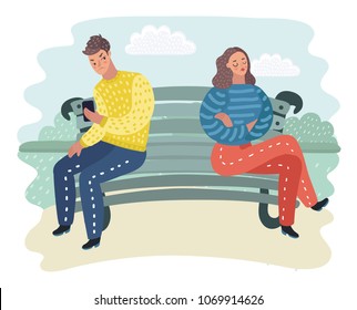 Vector cartoon illustration of Man and woman sitting at the bench in opposite side. Offended each other and don't look each other.in outdoor park landscape.