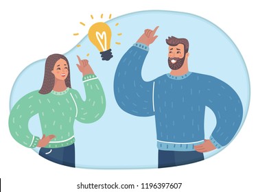 Vector cartoon illustration of man and woman having a conversation and have idea. Bulb is symbol of solytion