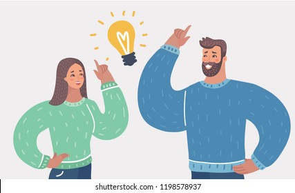 Vector cartoon illustration of man and woman have a great idea. Light bulb as a metaphor of idea. Couple, friends or coworkers make solution.