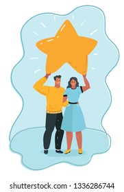 Vector cartoon illustration of man and woman stay together hold big stars above. Concept business or reward, rating, review, feedback, relationship.