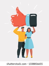 Vector cartoon illustration of Man and woman hold big thumb up icon. Successful social media, teamwork. Business poster, card for presentation, social media, banner, web page.