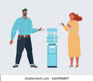 Vector cartoon illustration of man and woman at the Water cooler on white background.