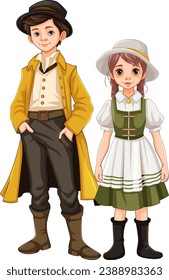 A vector cartoon illustration of a man and woman dressed in vintage clothing