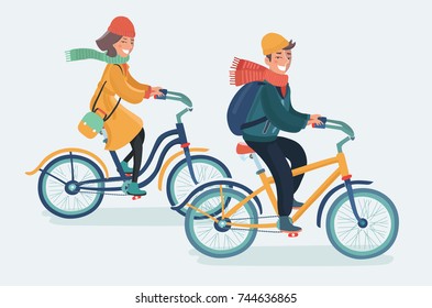 Vector cartoon illustration of man and woman riding on bicycles. Couple dressed in a coat, and scarf. Way to work. Ecology. Healthy lifestyle. Character on isolated background.