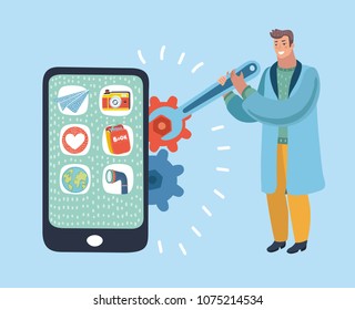 Vector cartoon illustration of a man in work clothes with a spanner is repair big smartphone and sets up with gear of phone.