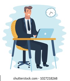 Vector cartoon illustration of Man Working On laptop Computer at the table. Businessman or office worker. Funny human character