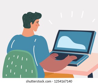 Vector cartoon illustration of man, working on computer. Man sitting on chair behind the desk.