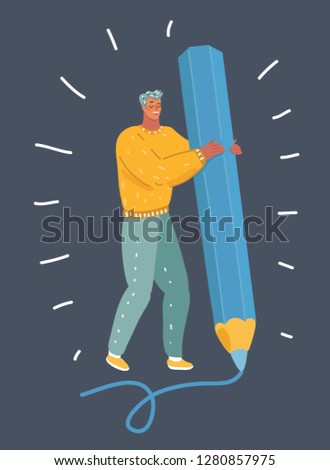 Vector cartoon illustration of man writes a letter with big pencil. Character Drawing, to signature