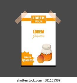 Vector cartoon illustration with mango jam jar. Sweet jelly marmalade glass bottle. Homemade sugar preserves icon. Fruit food object