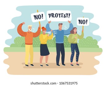 Vector cartoon illustration of manifestation - a group of people protesting. Man and woman with banner and transparent. Characters on nature landscape.