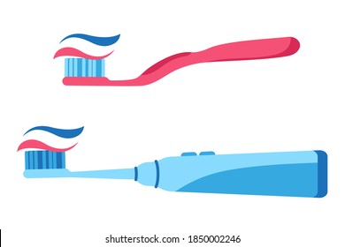 Vector cartoon illustration of manual and electric toothbrush with squeezed toothpaste isolated on white background. Dental concept.