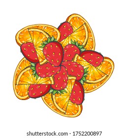 Vector cartoon illustration of many slice of oranges and strawberries, isolated on white background