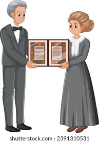 Vector cartoon illustration of Marie Curie being awarded the Nobel Prize