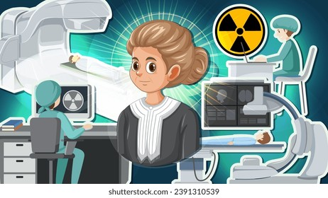 A vector cartoon illustration of Marie Curie and her groundbreaking work in chemistry and radioactive elements