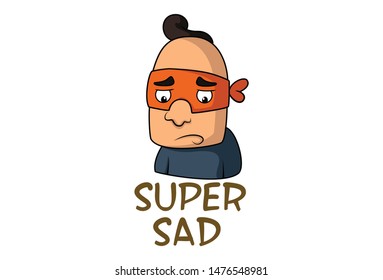 Vector cartoon illustration of mask man.  Lettering super sad. Isolated on white background.