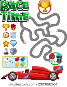 A vector cartoon illustration of a maze game with a car racing theme