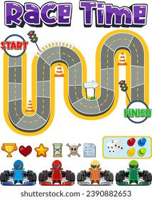 A vector cartoon illustration of a maze game with a car racing theme