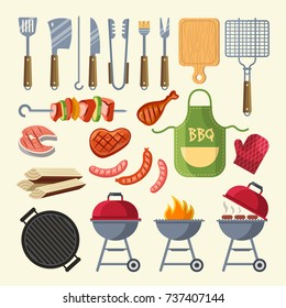 Vector cartoon illustration of meat, sauce, grill and other elements for bbq party. Grill barbecue food, meat bbq, steak grilled