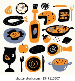 Vector cartoon illustration of mediterranean cuisine. Spanish food concept