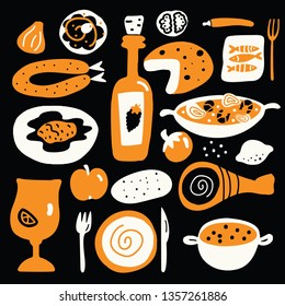 Vector cartoon illustration of mediterranean cuisine on black background. Spanish food concept