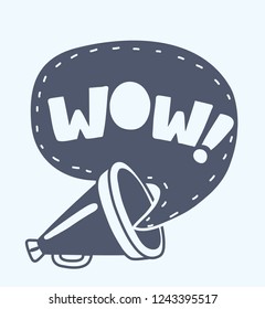 Vector cartoon illustration of Megaphone on white bakcground. Black object and bubble speech. Wow inside.