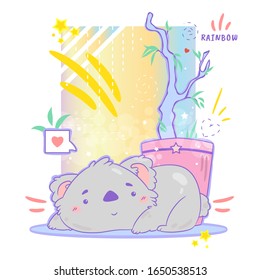 Vector cartoon illustration in memory of Australian animals who died in fire. Cute smiling baby koala with eucalyptus tree in decorative pot, stars, hearts, abstract elements and sign “rainbow”