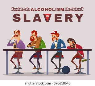 Vector cartoon illustration of men with alcohol addiction, metaphor