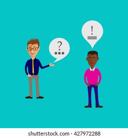 Vector cartoon illustration of men or guys characters. Business info graphic or advertising template. Communication concept. Two characters is having a discussion