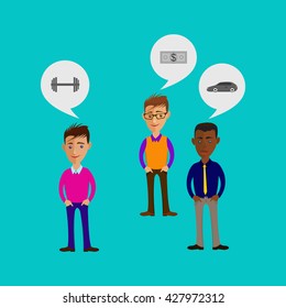 Vector cartoon illustration of men or guys characters. Business info graphic or advertising template. Communication concept. Three characters is having a discussion.