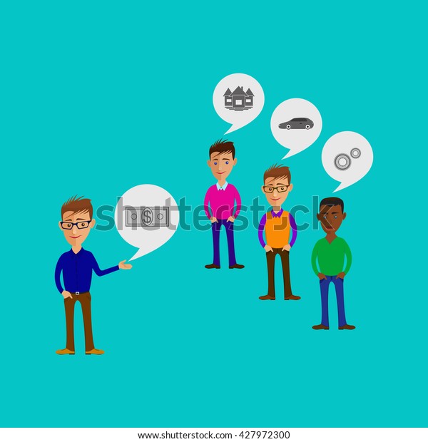 Vector cartoon\
illustration of men or guys characters. Business info graphic or\
advertising template. Communication concept. Four characters is\
having a discussion.