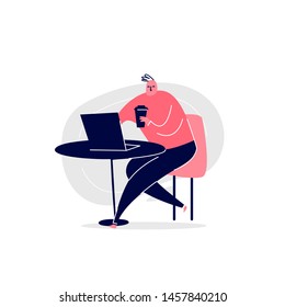 Vector cartoon illustration of men sitting in the cafe drinking coffee or tea with his laptop