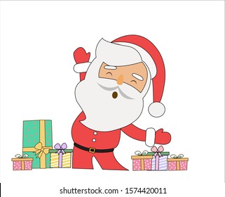 Vector cartoon illustration Merry Christmas! Santa Claus with gifts, isolated on white background.