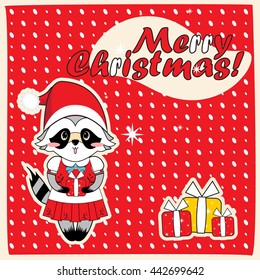 Vector cartoon illustration. Merry Christmas greeting card, postcard, festive print. Cute raccoon in Santa Claus hat, with presents on snow background, sparkles, stars
