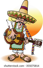 Vector cartoon illustration of a Mexican guitar player