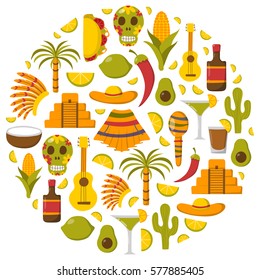 Vector cartoon illustration with Mexico background: sombrero, native american hat, tequila, margarita, pepper, lime, palm, skull, mexican food, cactus, guitar, pyramid. Travel to Mexico concept