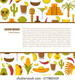 Vector cartoon illustration with Mexico background: sombrero, native american hat, tequila, margarita, pepper, lime, palm, skull, mexican food, cactus, guitar, pyramid. Travel to Mexico concept