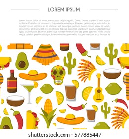 Vector cartoon illustration with Mexico background: sombrero, native american hat, tequila, margarita, pepper, lime, palm, skull, mexican food, cactus, guitar, pyramid. Travel to Mexico concept