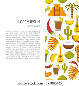 Vector cartoon illustration with Mexico background: sombrero, native american hat, tequila, margarita, pepper, lime, palm, skull, mexican food, cactus, guitar, pyramid. Travel to Mexico concept