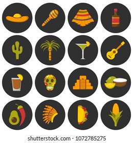Vector cartoon illustration with Mexico icon: sombrero, native american hat, tequila, margarita, pepper, lime, palm, skull, mexican food, cactus, guitar, pyramid. Travel to Mexico concept design.