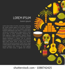 Vector cartoon illustration with Mexico icon: sombrero, native american hat, tequila, margarita, pepper, lime, palm, skull, mexican food, cactus, guitar, pyramid. Travel to Mexico concept background