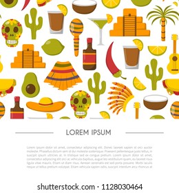 Vector cartoon illustration with Mexico icon: sombrero, native american hat, tequila, margarita, pepper, lime, palm, skull, mexican food, cactus, guitar, pyramid. Travel to Mexico concept background