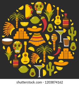 Vector cartoon illustration with Mexico icon: sombrero, native american hat, tequila, margarita, pepper, lime, palm, skull, mexican food, cactus, guitar, pyramid. Travel to Mexico concept background